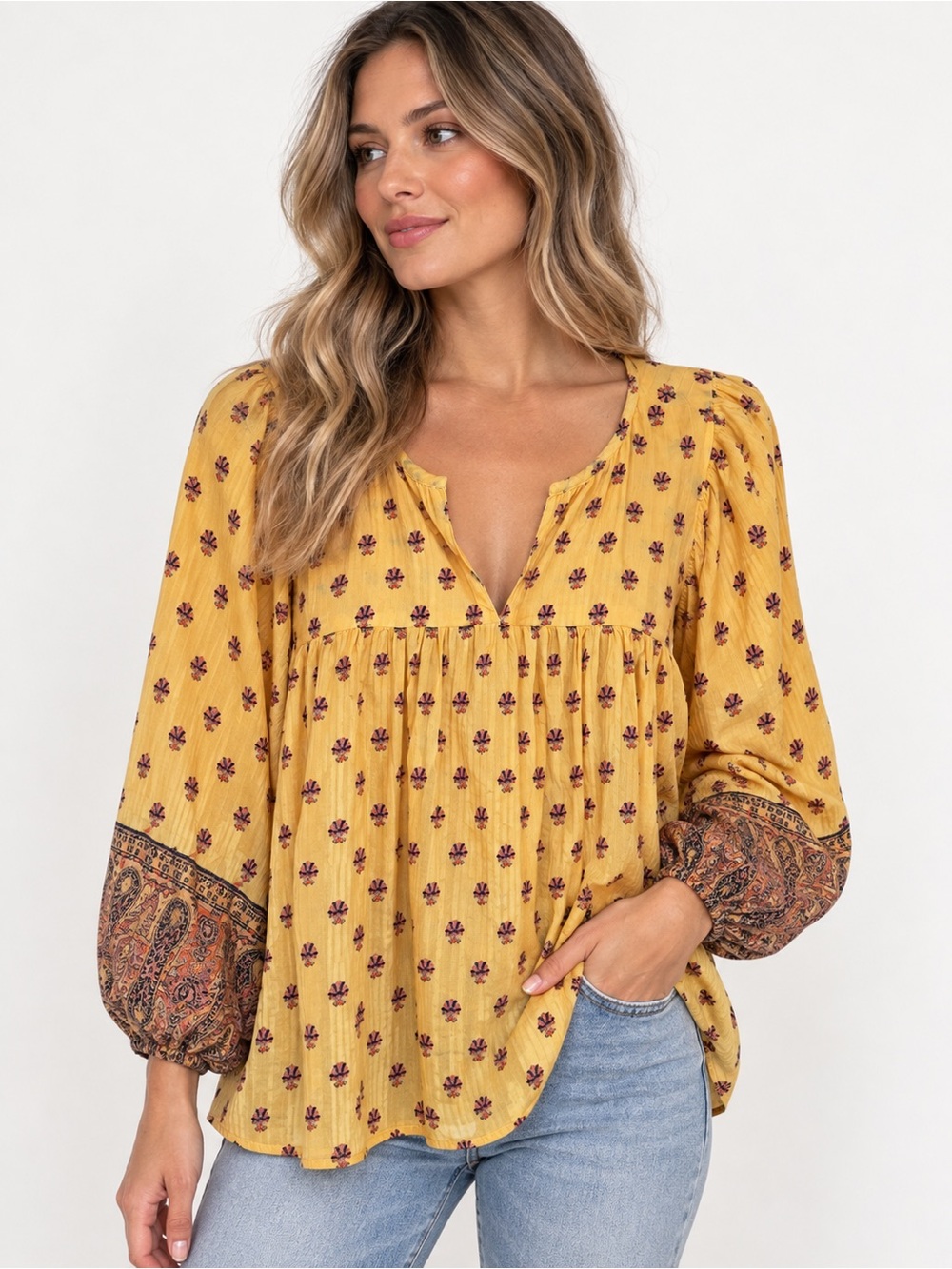 Cleobella Boho Floral Peasant Blouse Babydoll Tunic Organic Cotton Yellow Size L